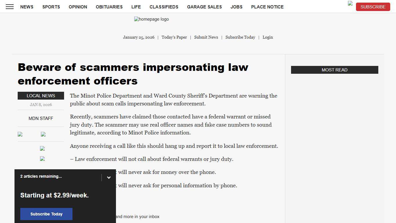 Beware of scammers impersonating law enforcement officers News, Sports, Jobs - Minot Daily News